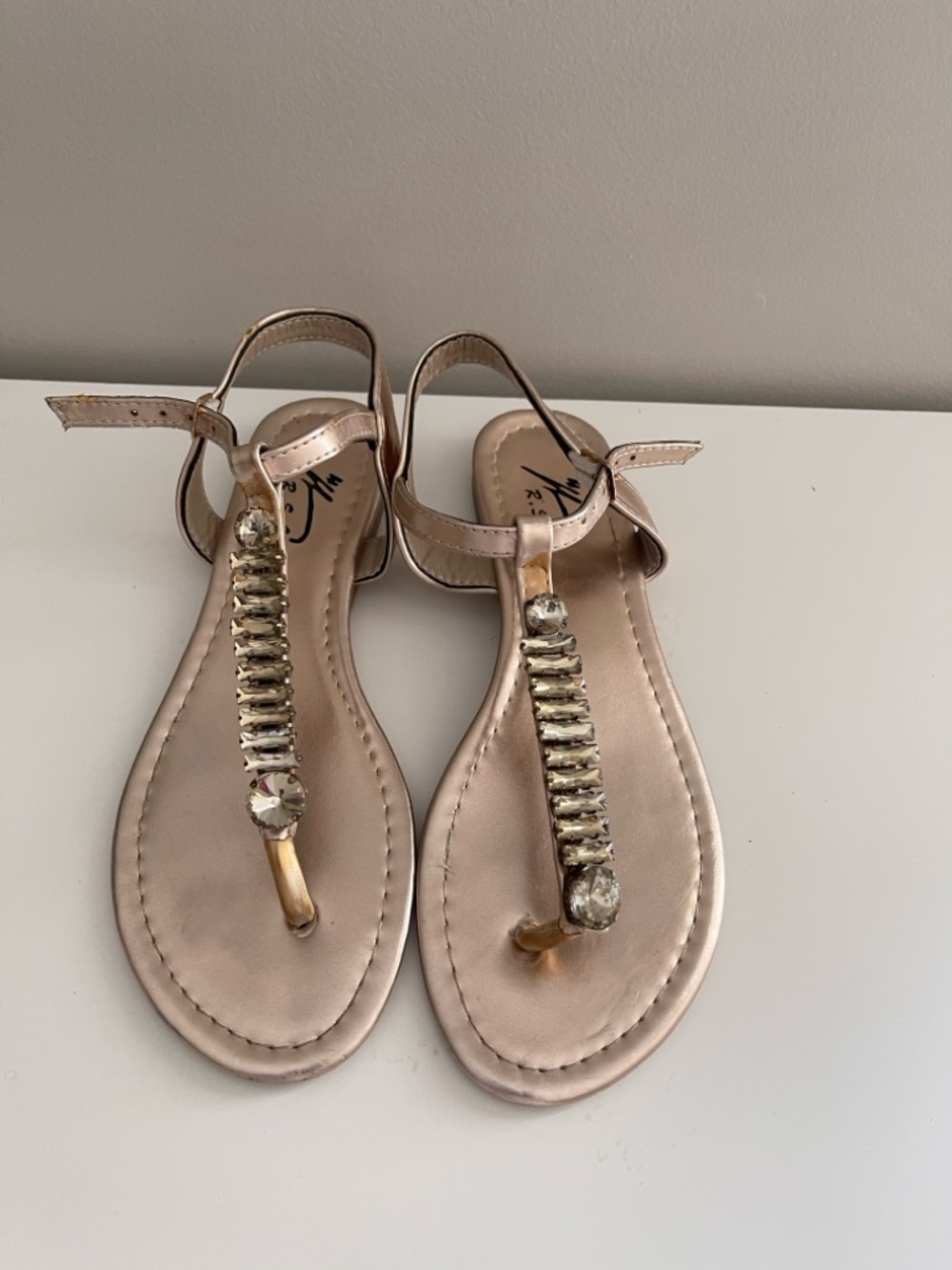 Crystal-Embellished Rose Gold T-Strap Sandals